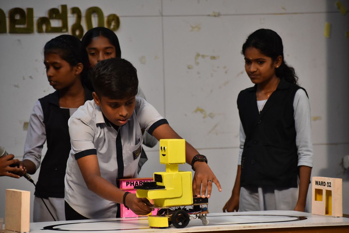 Student-built robot on test track